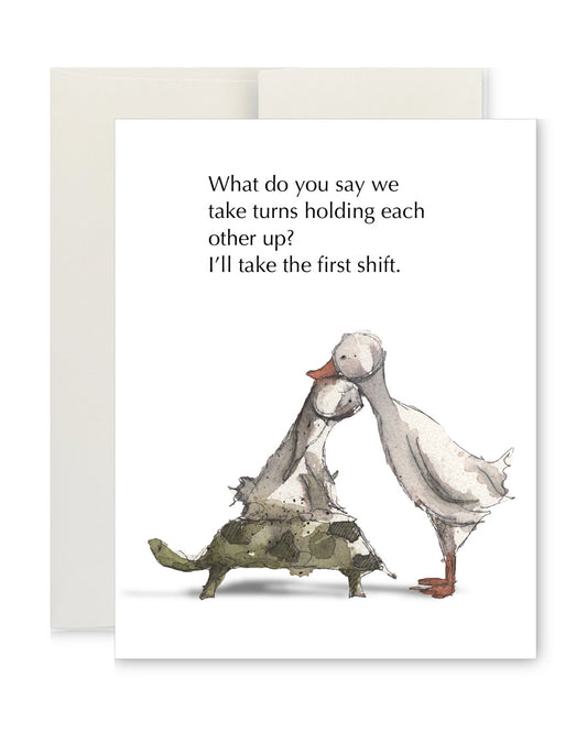 Greeting Card - Hold Each Other Up Duck, Rabbit and Tortoise
