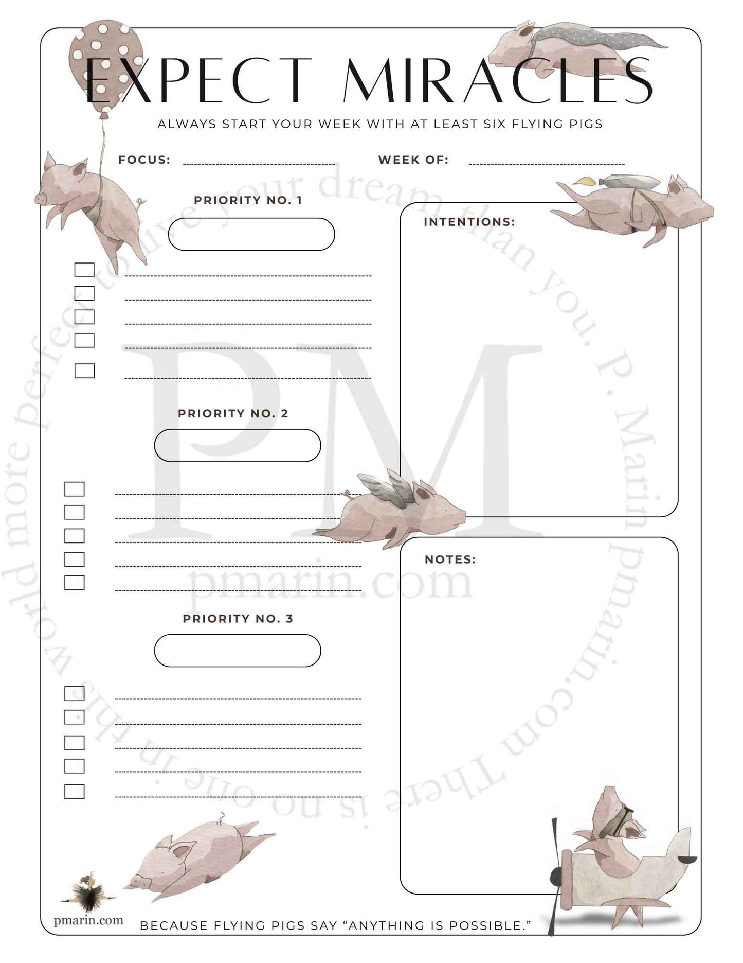 Digital Download: Six Flying Pigs Priority Planner - Single Sheet PDF