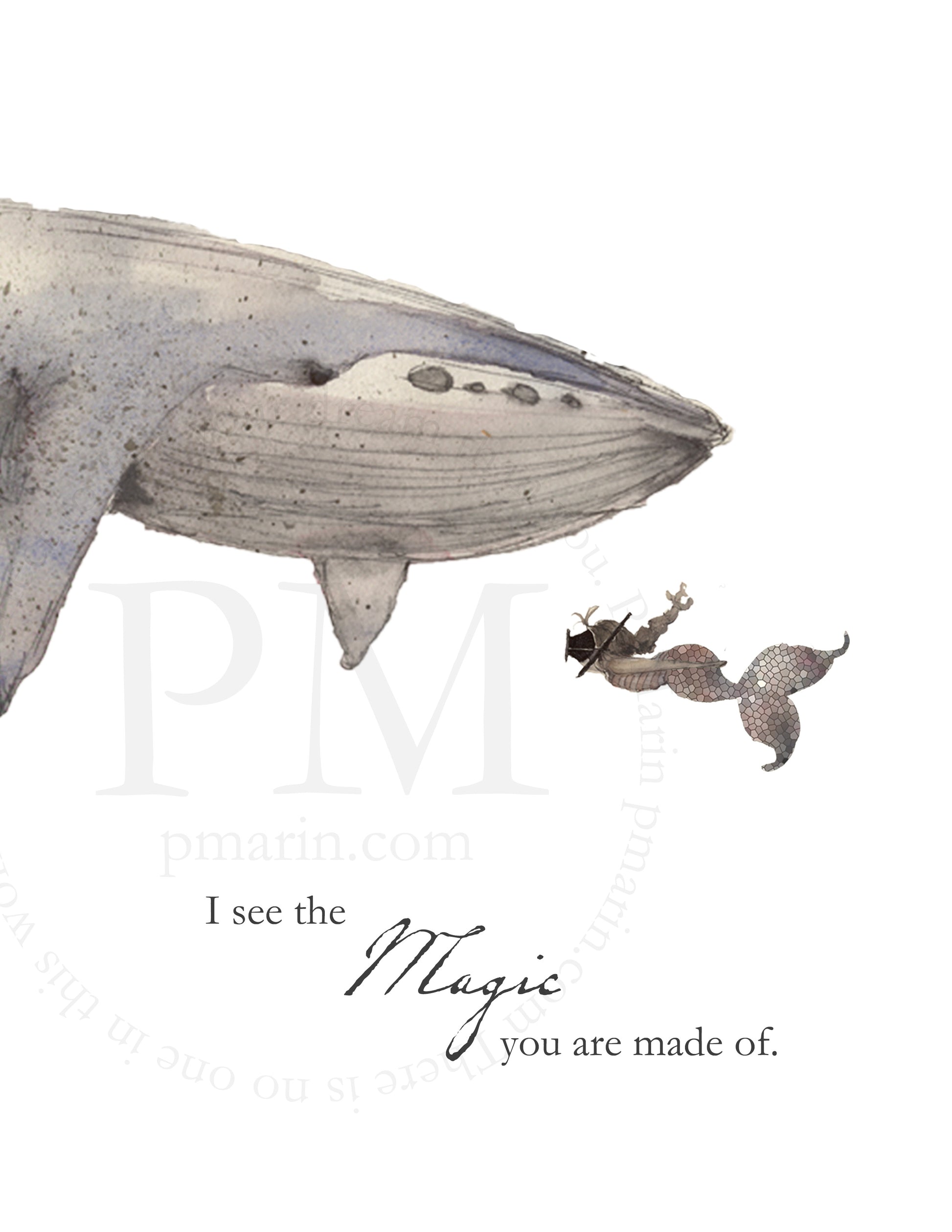 Illustration of a whale and a person underwater with text 'I see the magic you are made of.'