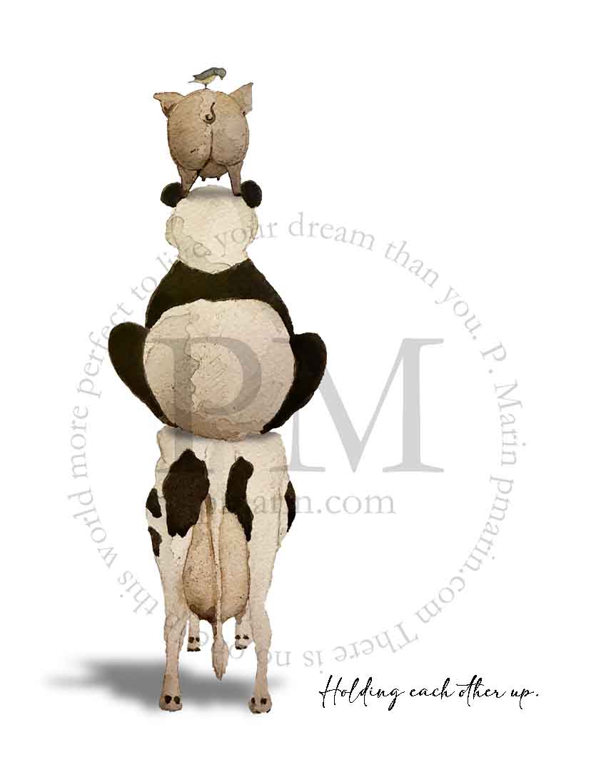 Art Print - Holding Each Other Up-Panda, Cow and Pig