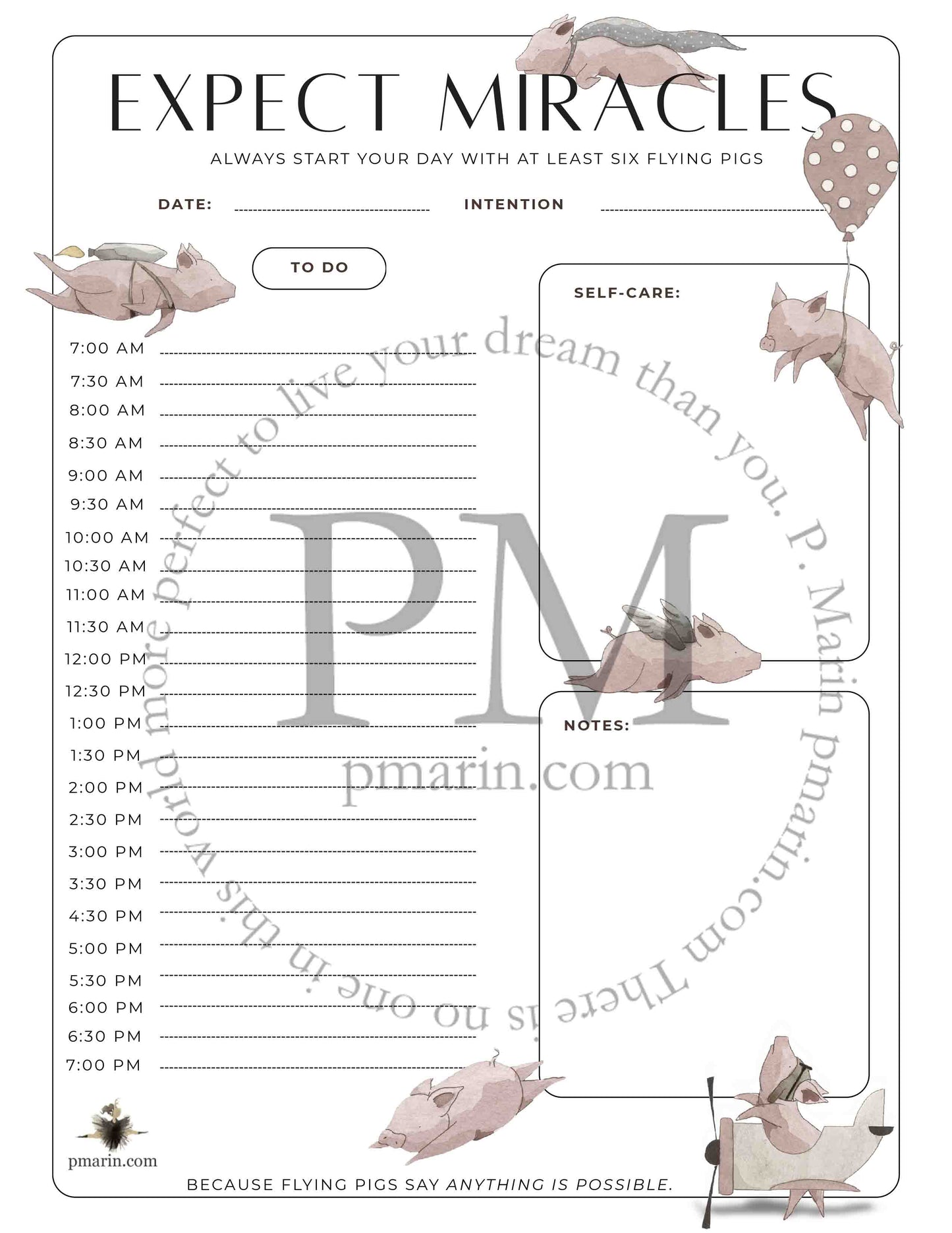 Digital Download: Six Flying Pigs Daily Planner - Single Sheet PDF